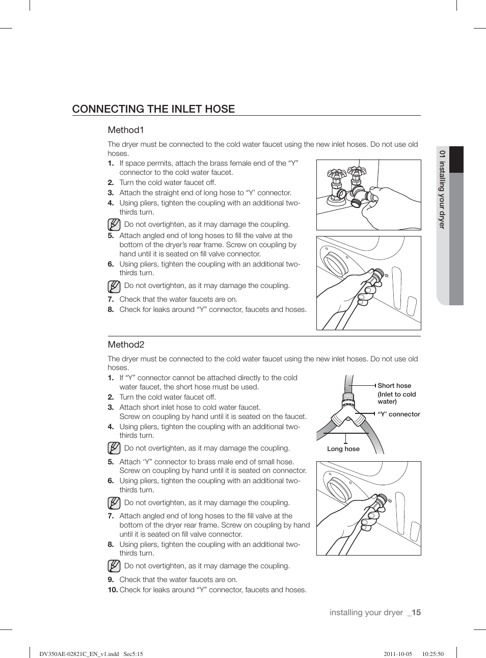 Connecting the inlet hose | Samsung DV350AGP-XAA User Manual | Page 15 / 120