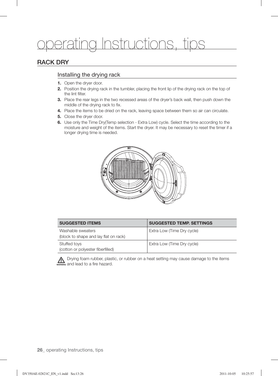 Operating instructions, tips, Rack dry, Installing the drying rack | Samsung DV350AGP-XAA User Manual | Page 26 / 120