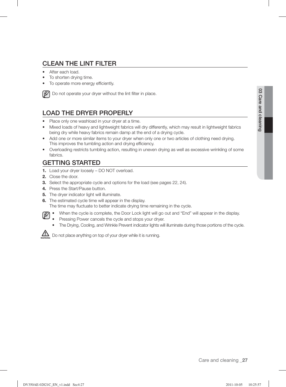 Clean the lint filter, Load the dryer properly, Getting started | Samsung DV350AGP-XAA User Manual | Page 27 / 120