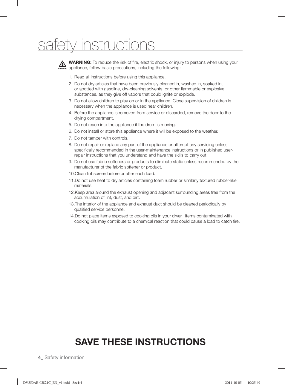 Safety instructions, Save these instructions | Samsung DV350AGP-XAA User Manual | Page 4 / 120