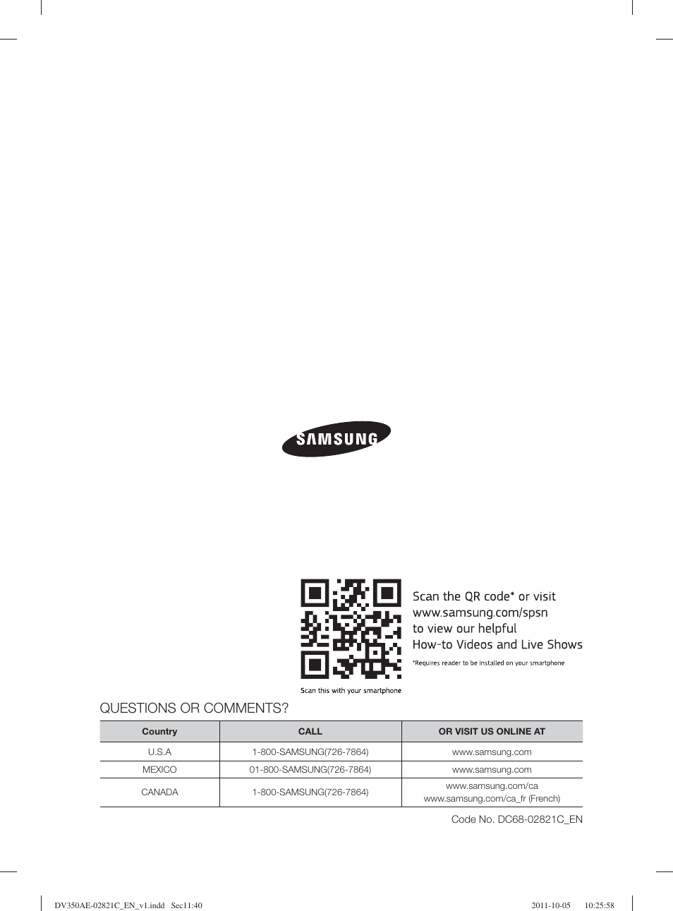 Questions or comments | Samsung DV350AGP-XAA User Manual | Page 40 / 120