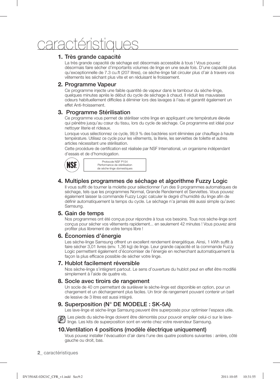 Caractéristiques | Samsung DV350AGP-XAA User Manual | Page 42 / 120