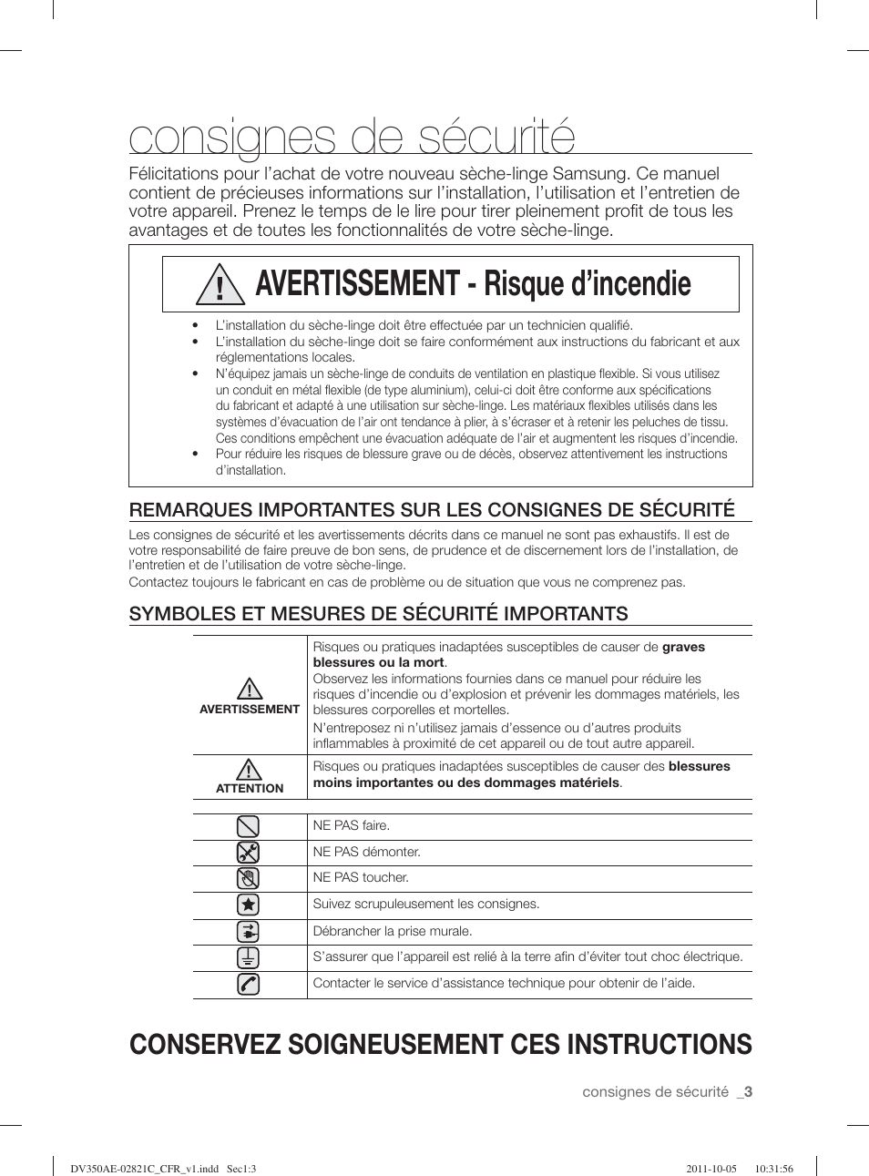 Consignes de sécurité, Avertissement - risque d’incendie, Conservez soigneusement ces instructions | Symboles et mesures de sécurité importants | Samsung DV350AGP-XAA User Manual | Page 43 / 120