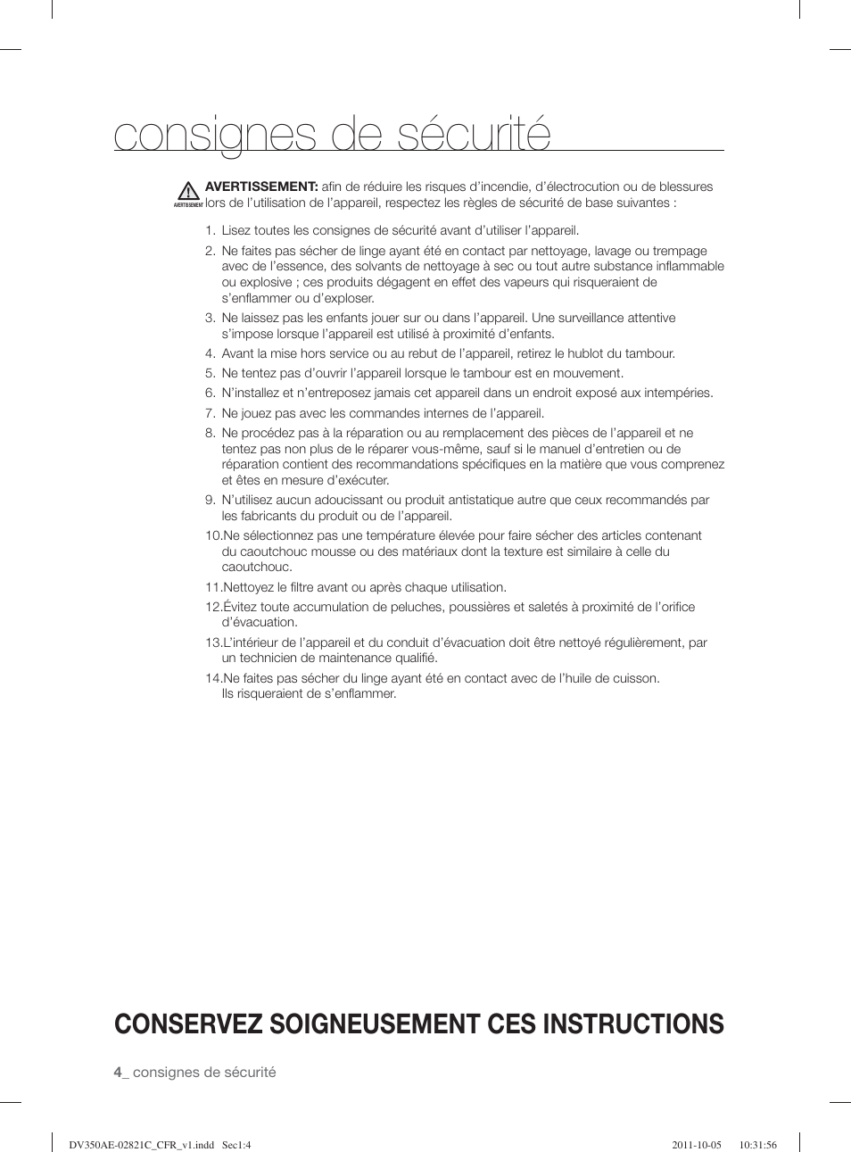 Consignes de sécurité, Conservez soigneusement ces instructions | Samsung DV350AGP-XAA User Manual | Page 44 / 120