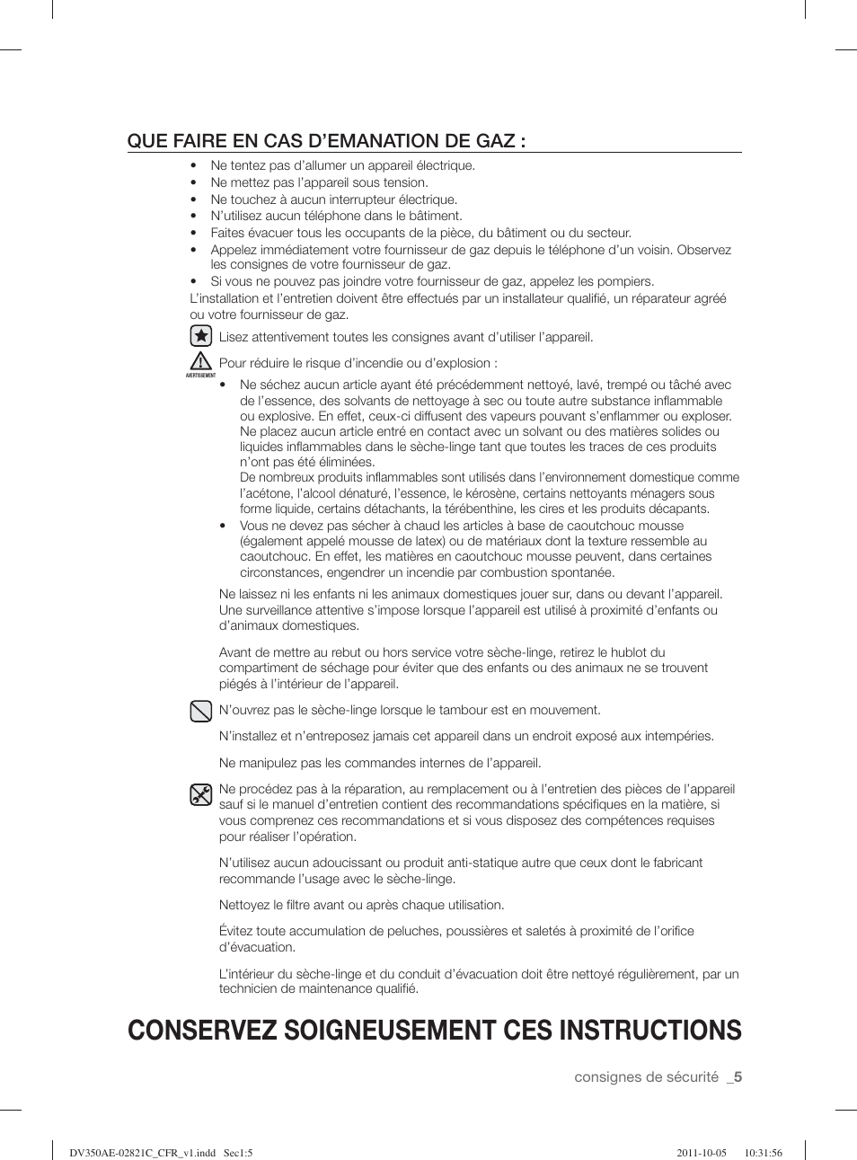 Conservez soigneusement ces instructions, Que faire en cas d’emanation de gaz | Samsung DV350AGP-XAA User Manual | Page 45 / 120