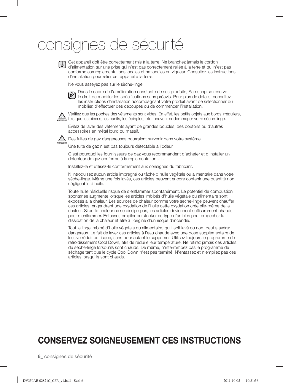 Consignes de sécurité, Conservez soigneusement ces instructions | Samsung DV350AGP-XAA User Manual | Page 46 / 120