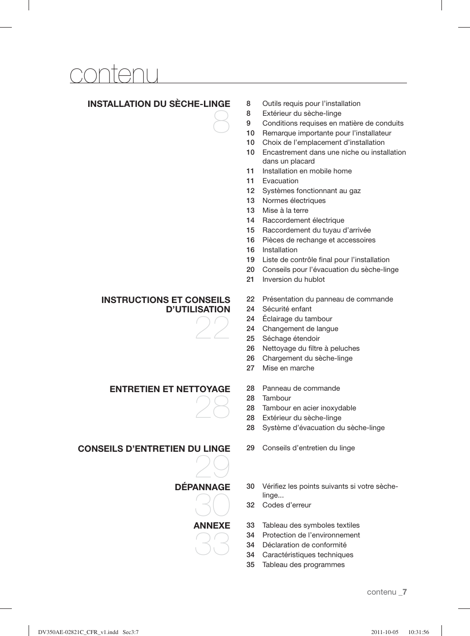 Contenu | Samsung DV350AGP-XAA User Manual | Page 47 / 120