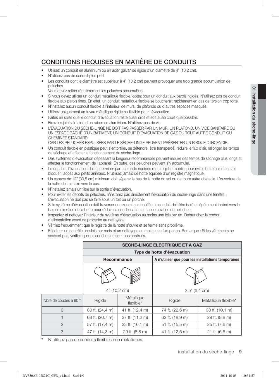 Conditions requises en matière de conduits | Samsung DV350AGP-XAA User Manual | Page 49 / 120