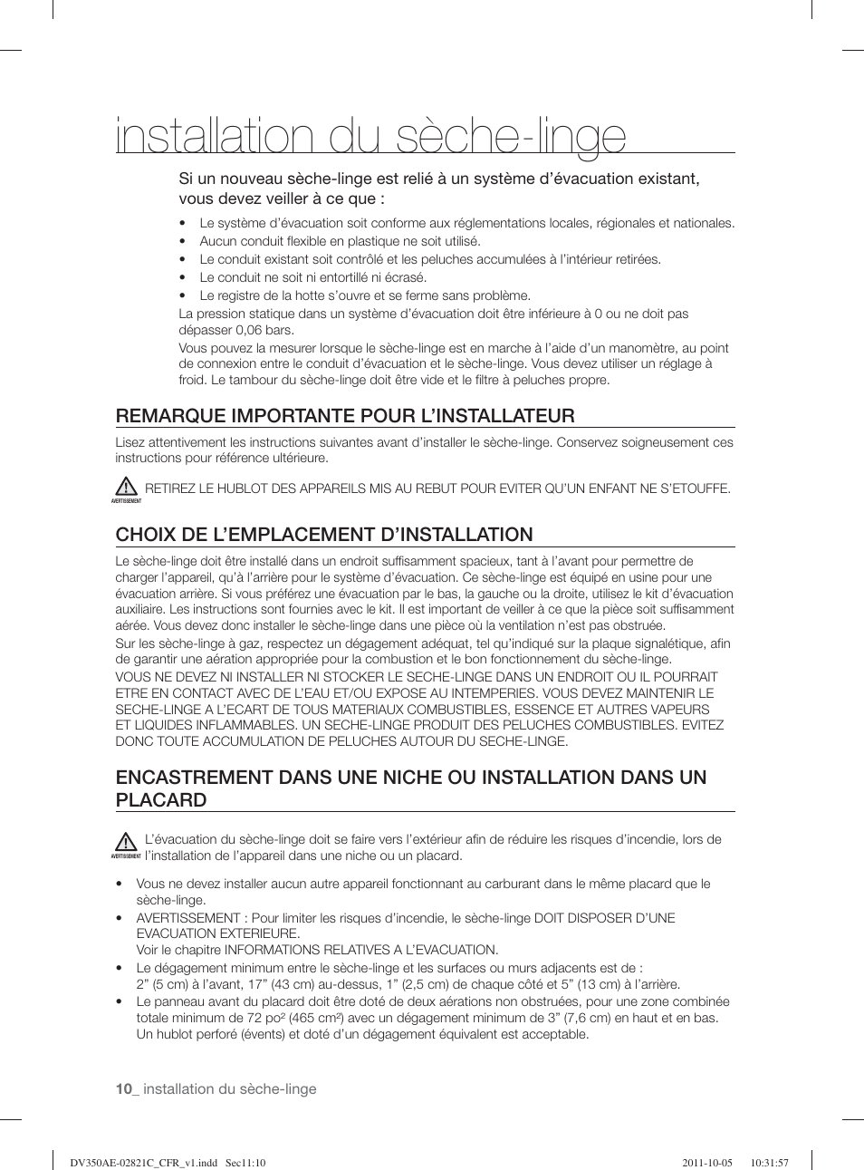 Installation du sèche-linge, Remarque importante pour l’installateur, Choix de l’emplacement d’installation | Samsung DV350AGP-XAA User Manual | Page 50 / 120