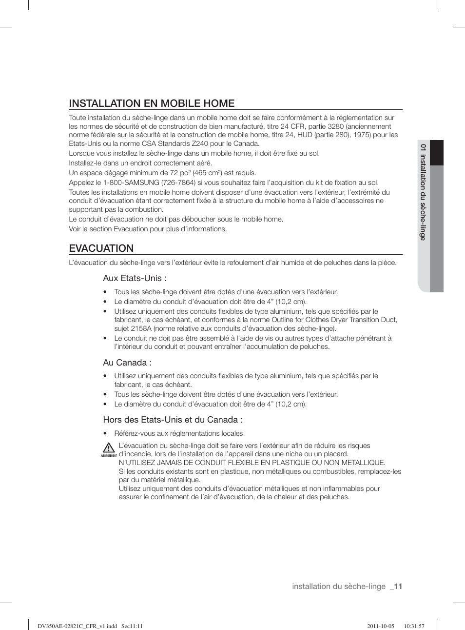 Installation en mobile home, Evacuation | Samsung DV350AGP-XAA User Manual | Page 51 / 120