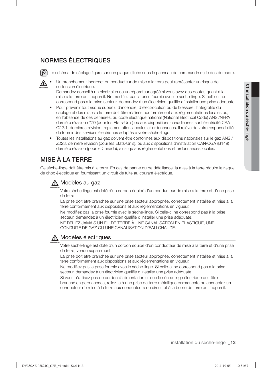 Normes électriques, Mise à la terre, Modèles au gaz | Modèles électriques | Samsung DV350AGP-XAA User Manual | Page 53 / 120