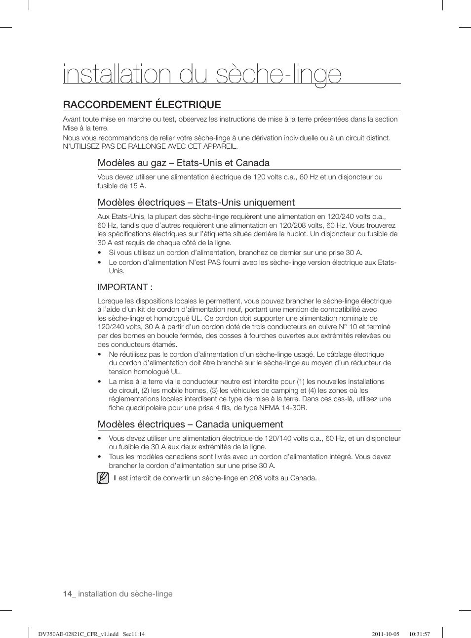 Installation du sèche-linge, Raccordement électrique | Samsung DV350AGP-XAA User Manual | Page 54 / 120