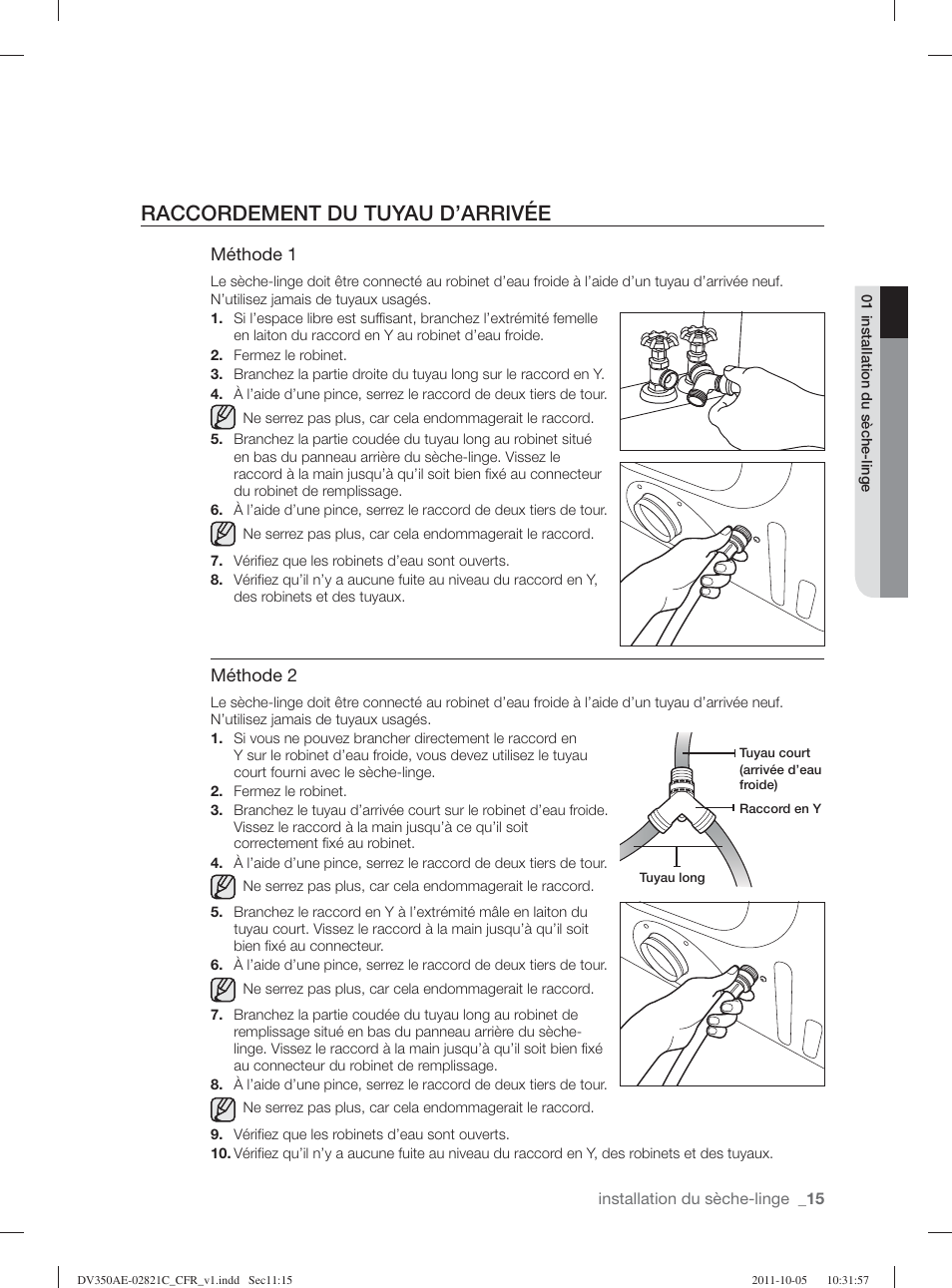 Raccordement du tuyau d’arrivée | Samsung DV350AGP-XAA User Manual | Page 55 / 120