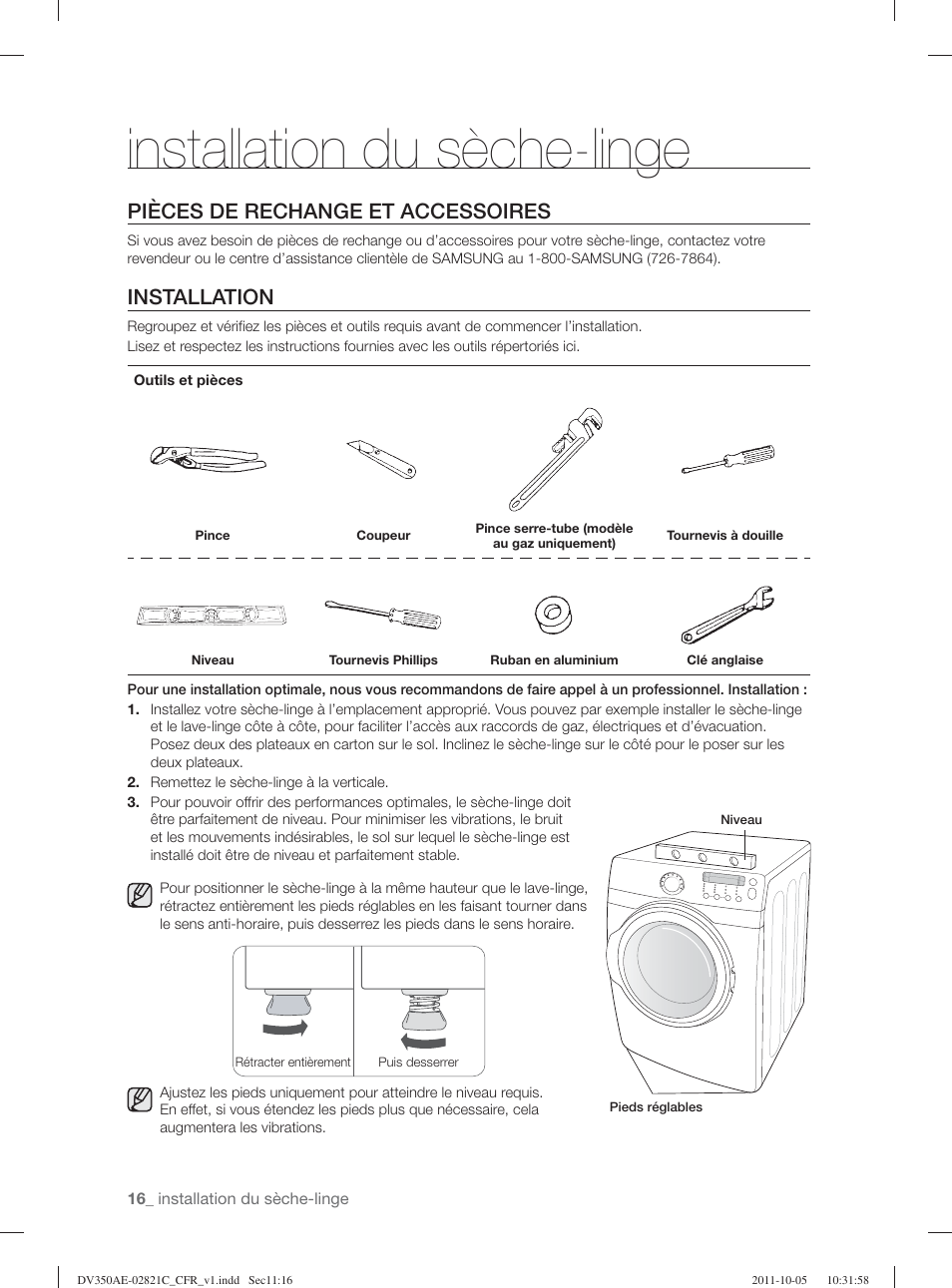 Installation du sèche-linge, Pièces de rechange et accessoires, Installation | Samsung DV350AGP-XAA User Manual | Page 56 / 120