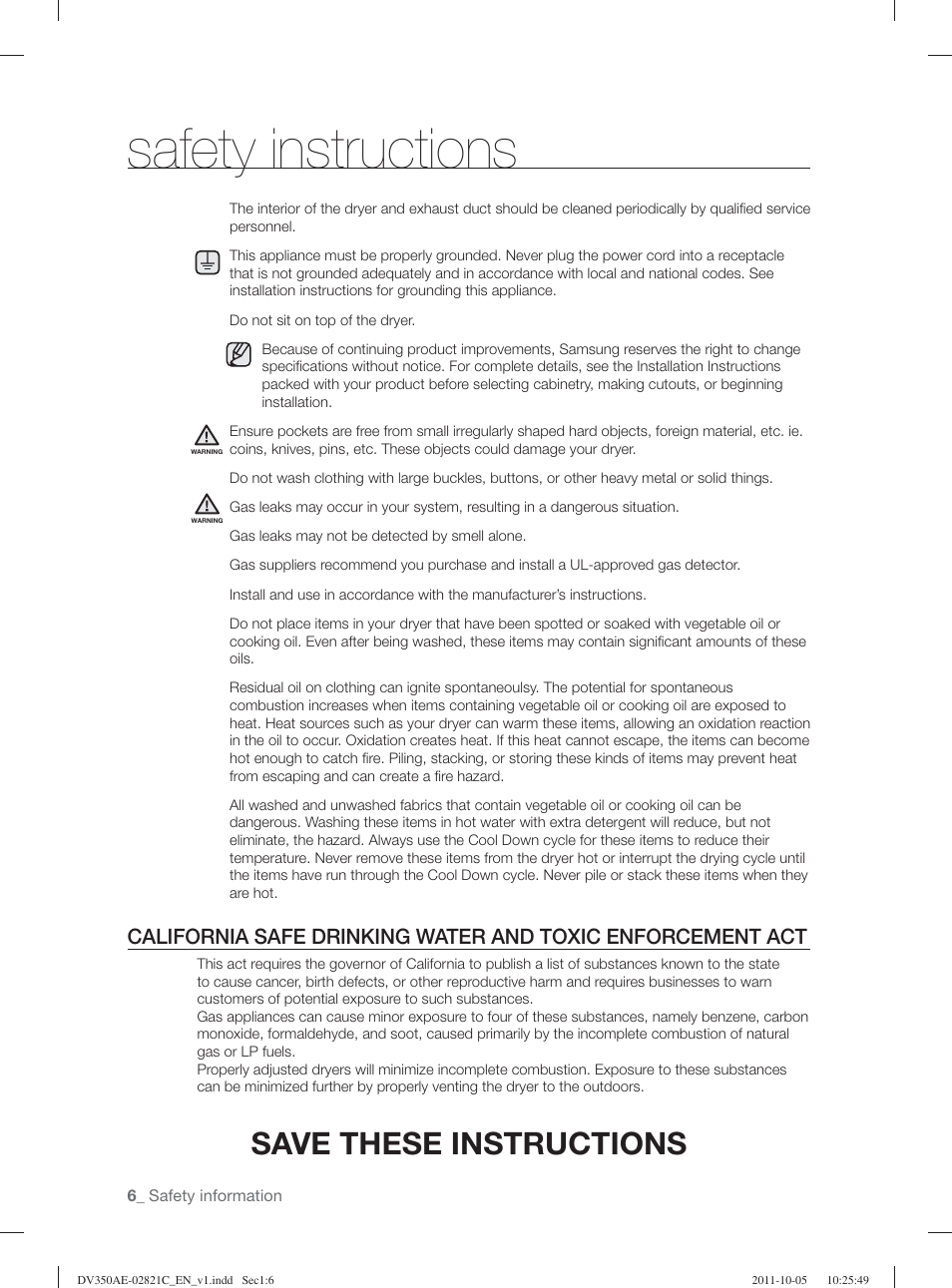 Safety instructions, Save these instructions | Samsung DV350AGP-XAA User Manual | Page 6 / 120