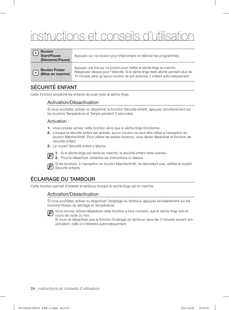 Instructions et conseils d’utilisation, Sécurité enfant, Éclairage du tambour | Samsung DV350AGP-XAA User Manual | Page 64 / 120