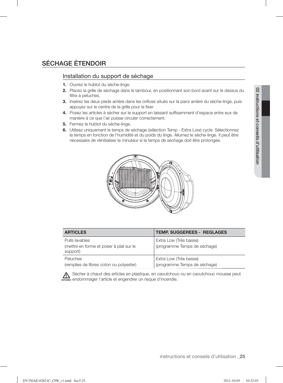 Séchage étendoir, Installation du support de séchage | Samsung DV350AGP-XAA User Manual | Page 65 / 120