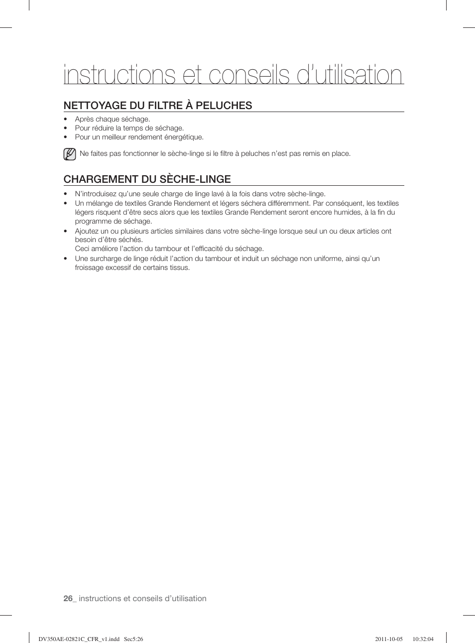 Instructions et conseils d’utilisation, Nettoyage du filtre à peluches, Chargement du sèche-linge | Samsung DV350AGP-XAA User Manual | Page 66 / 120