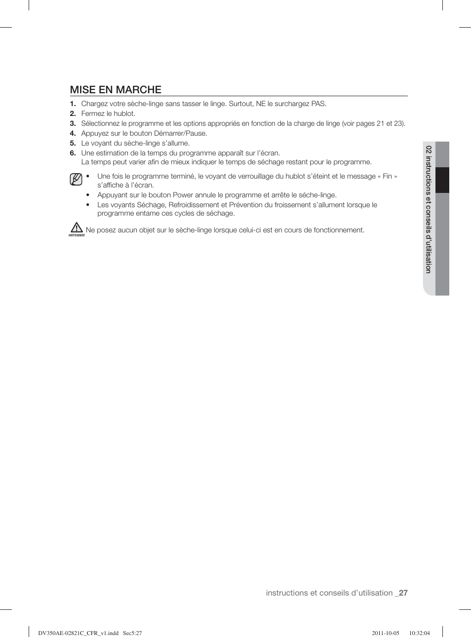 Mise en marche | Samsung DV350AGP-XAA User Manual | Page 67 / 120