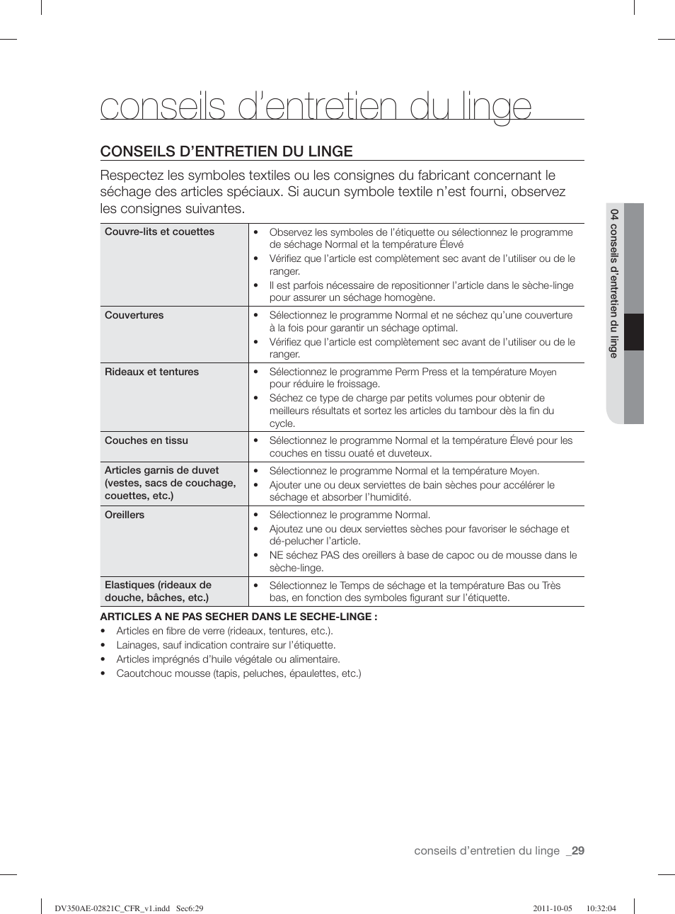 Conseils d’entretien du linge | Samsung DV350AGP-XAA User Manual | Page 69 / 120