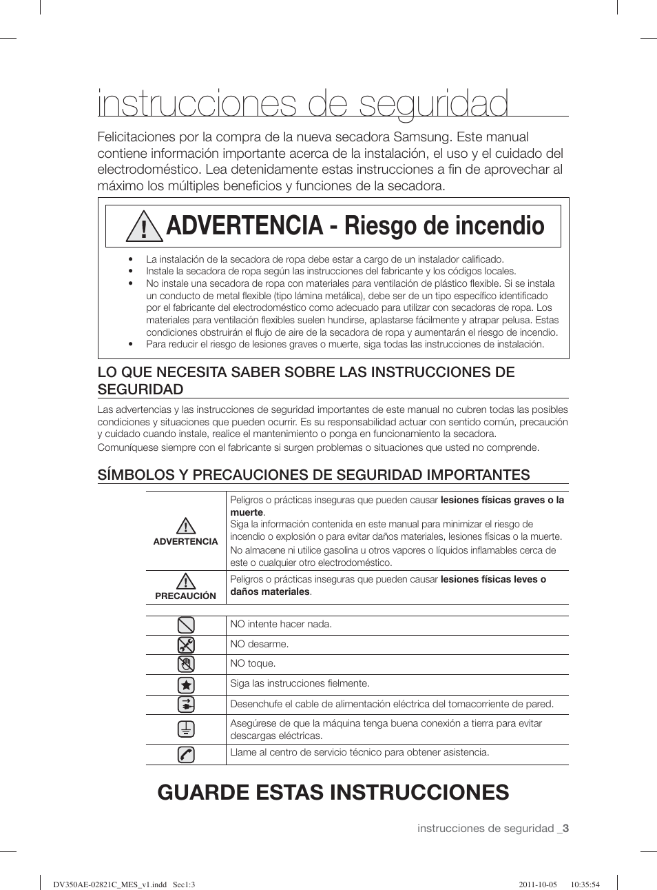 Instrucciones de seguridad, Advertencia - riesgo de incendio, Guarde estas instrucciones | Símbolos y precauciones de seguridad importantes | Samsung DV350AGP-XAA User Manual | Page 83 / 120