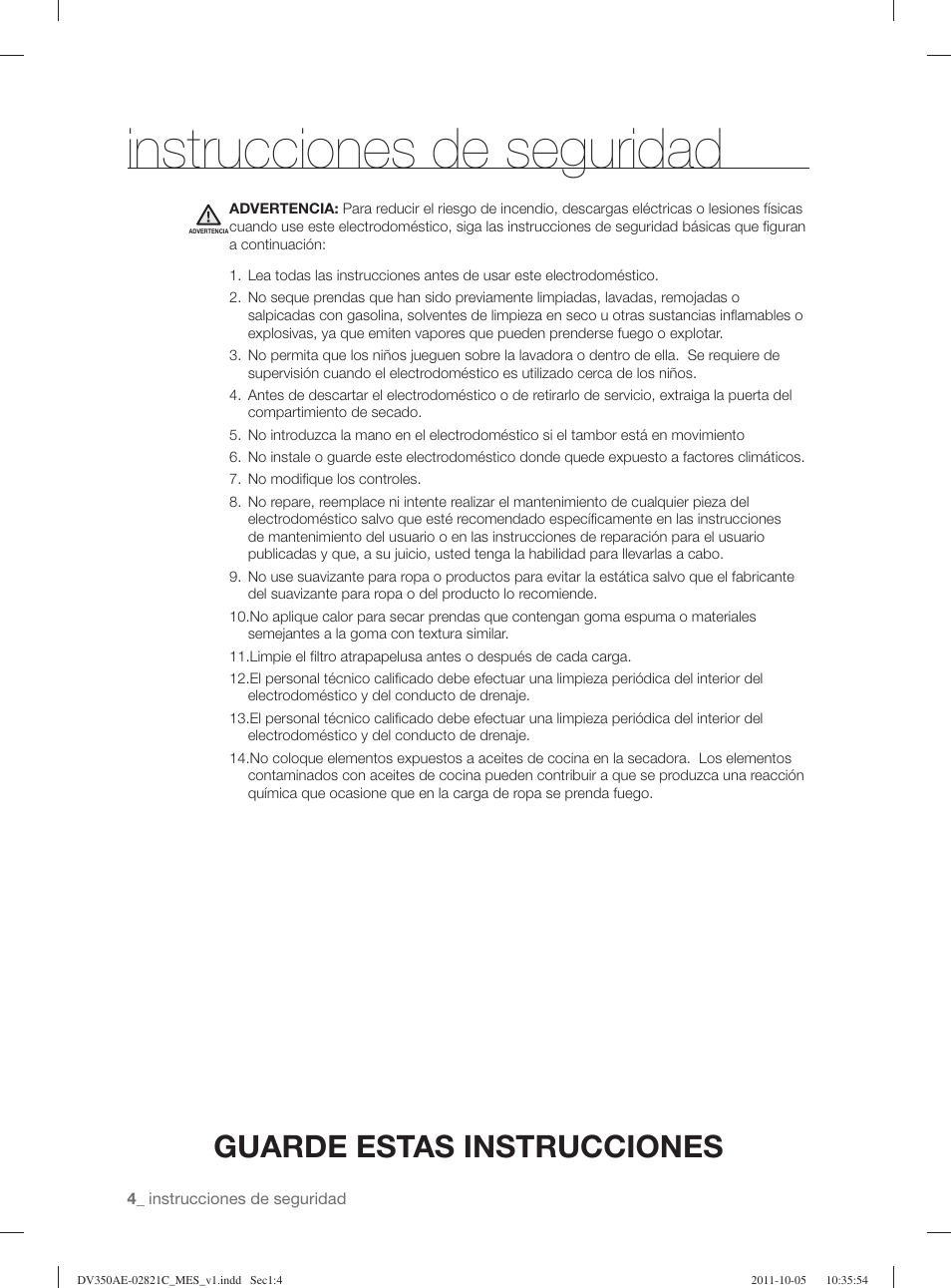 Instrucciones de seguridad, Guarde estas instrucciones | Samsung DV350AGP-XAA User Manual | Page 84 / 120