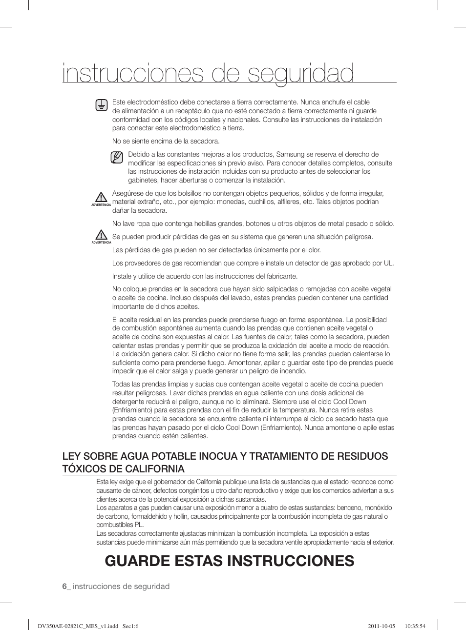 Instrucciones de seguridad, Guarde estas instrucciones | Samsung DV350AGP-XAA User Manual | Page 86 / 120