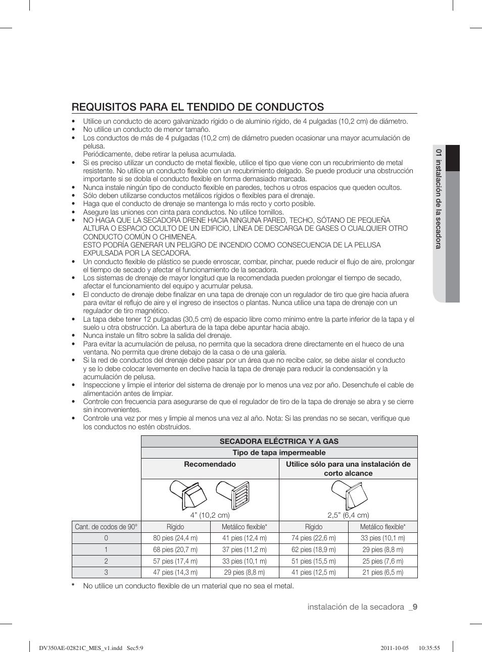 Requisitos para el tendido de conductos | Samsung DV350AGP-XAA User Manual | Page 89 / 120