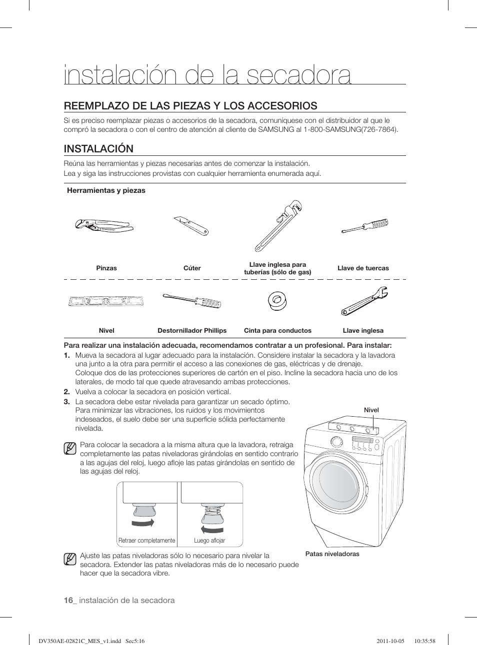 Instalación de la secadora, Reemplazo de las piezas y los accesorios, Instalación | Samsung DV350AGP-XAA User Manual | Page 96 / 120