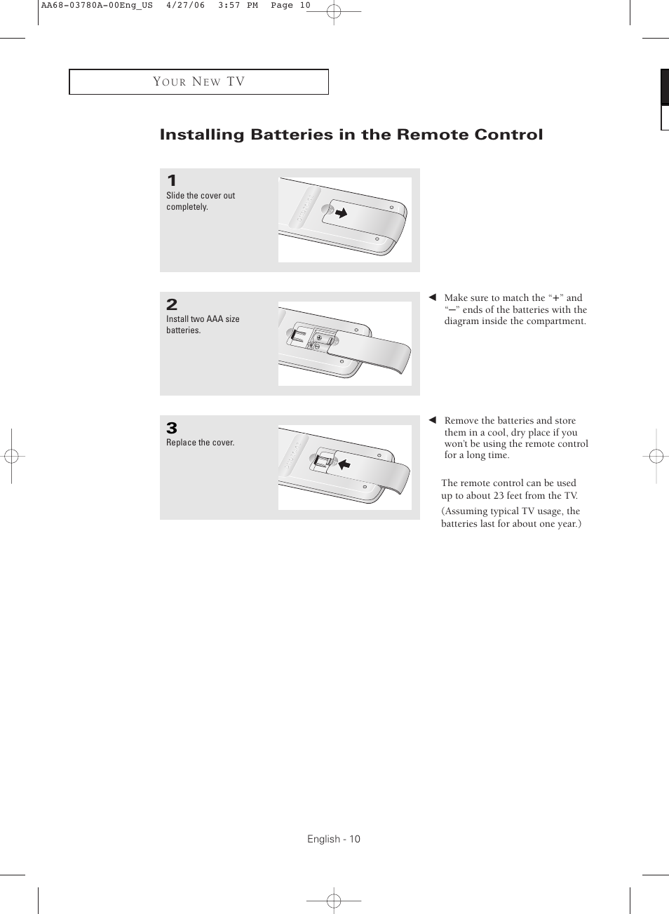 Installing batteries in the remote control | Samsung TXS2040X-XAC User Manual | Page 10 / 60