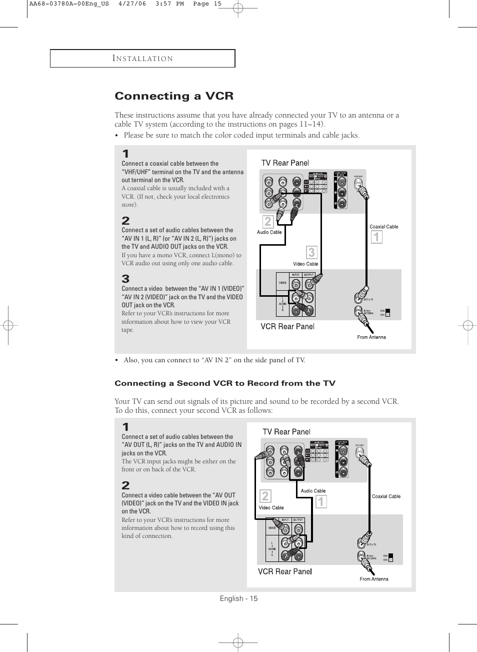 Connecting a vcr, Connecting a second vcr to record from the tv | Samsung TXS2040X-XAC User Manual | Page 15 / 60