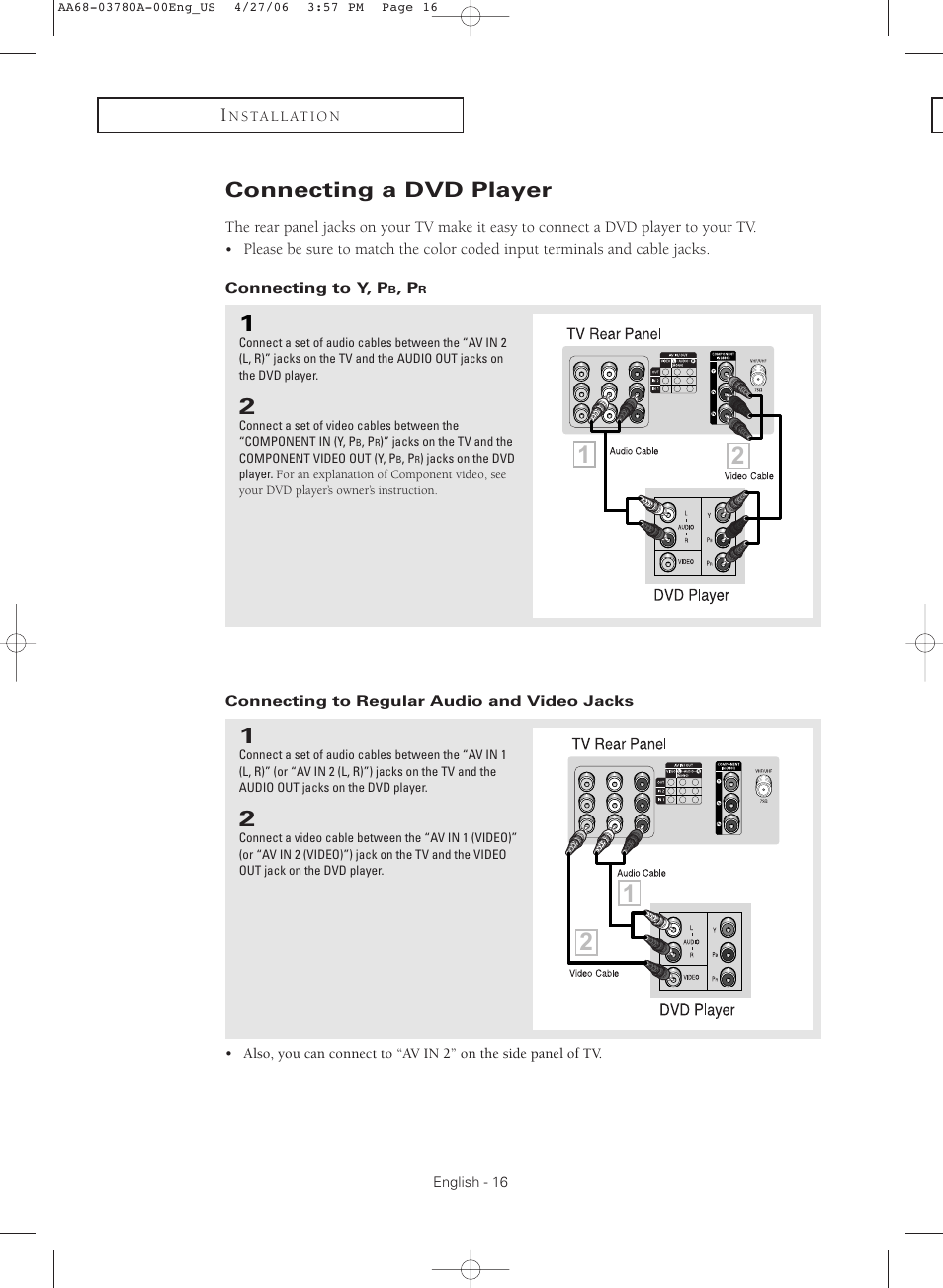 Connecting a dvd player, Connecting to y, pb, pr, Connecting to regular audio and video jacks | Samsung TXS2040X-XAC User Manual | Page 16 / 60