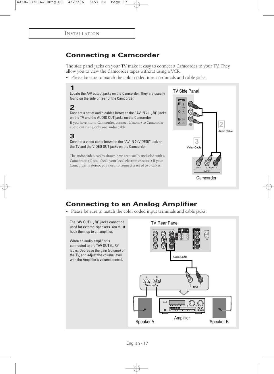 Connecting a camcorder, Connecting to an analog amplifier | Samsung TXS2040X-XAC User Manual | Page 17 / 60