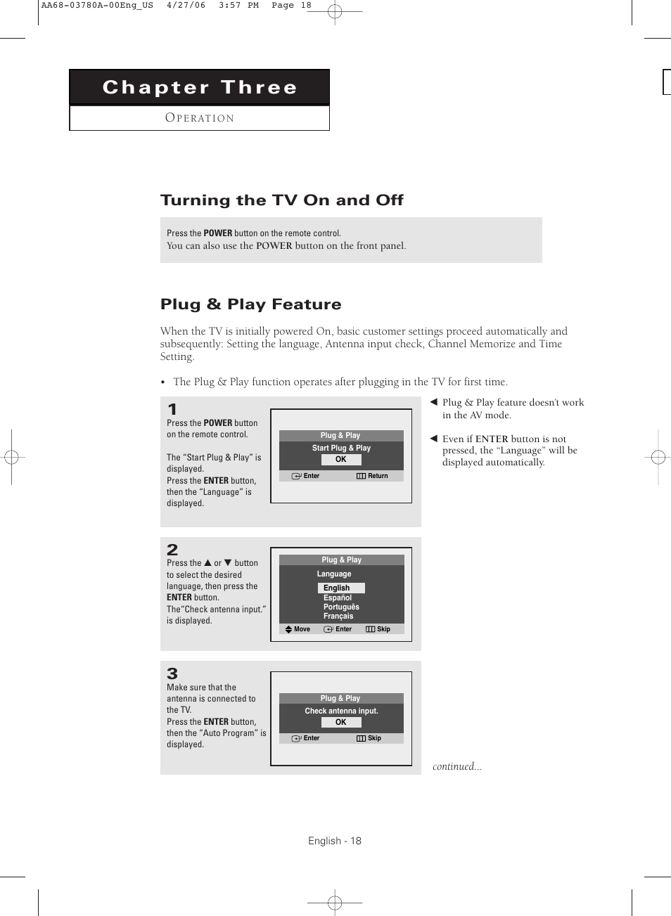 Chapter three : operation, Turning the tv on and off, Plug & play feature | Samsung TXS2040X-XAC User Manual | Page 18 / 60
