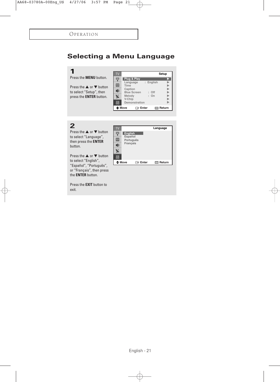 Selecting a menu language | Samsung TXS2040X-XAC User Manual | Page 21 / 60