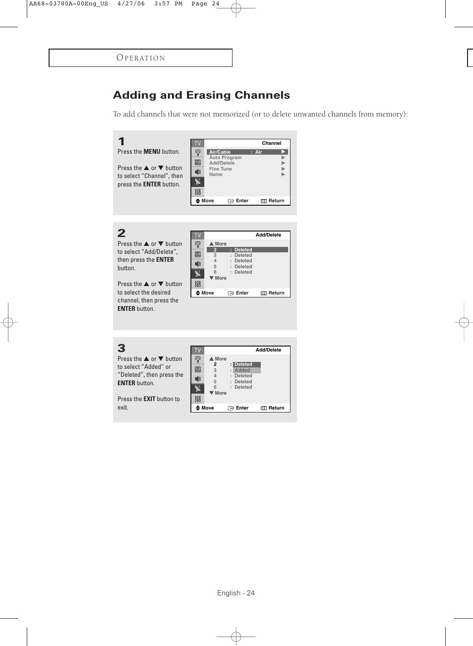 Adding and erasing channels | Samsung TXS2040X-XAC User Manual | Page 24 / 60