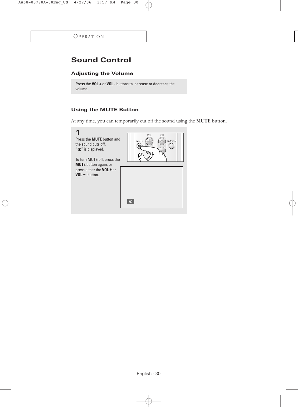 Sound control, Adjusting the volume, Using the mute button | Samsung TXS2040X-XAC User Manual | Page 30 / 60