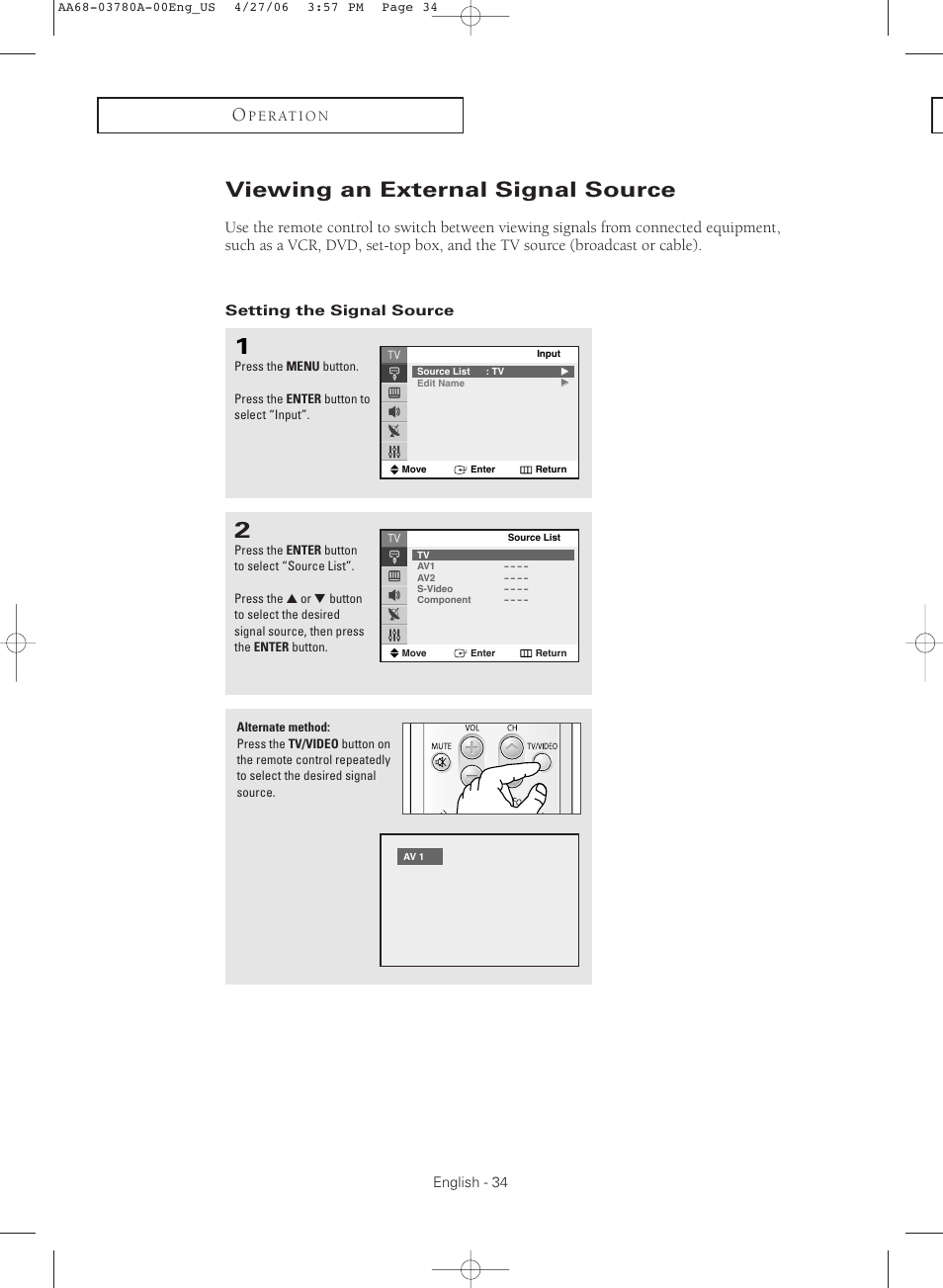 Viewing an external signal source, Setting the signal source | Samsung TXS2040X-XAC User Manual | Page 34 / 60