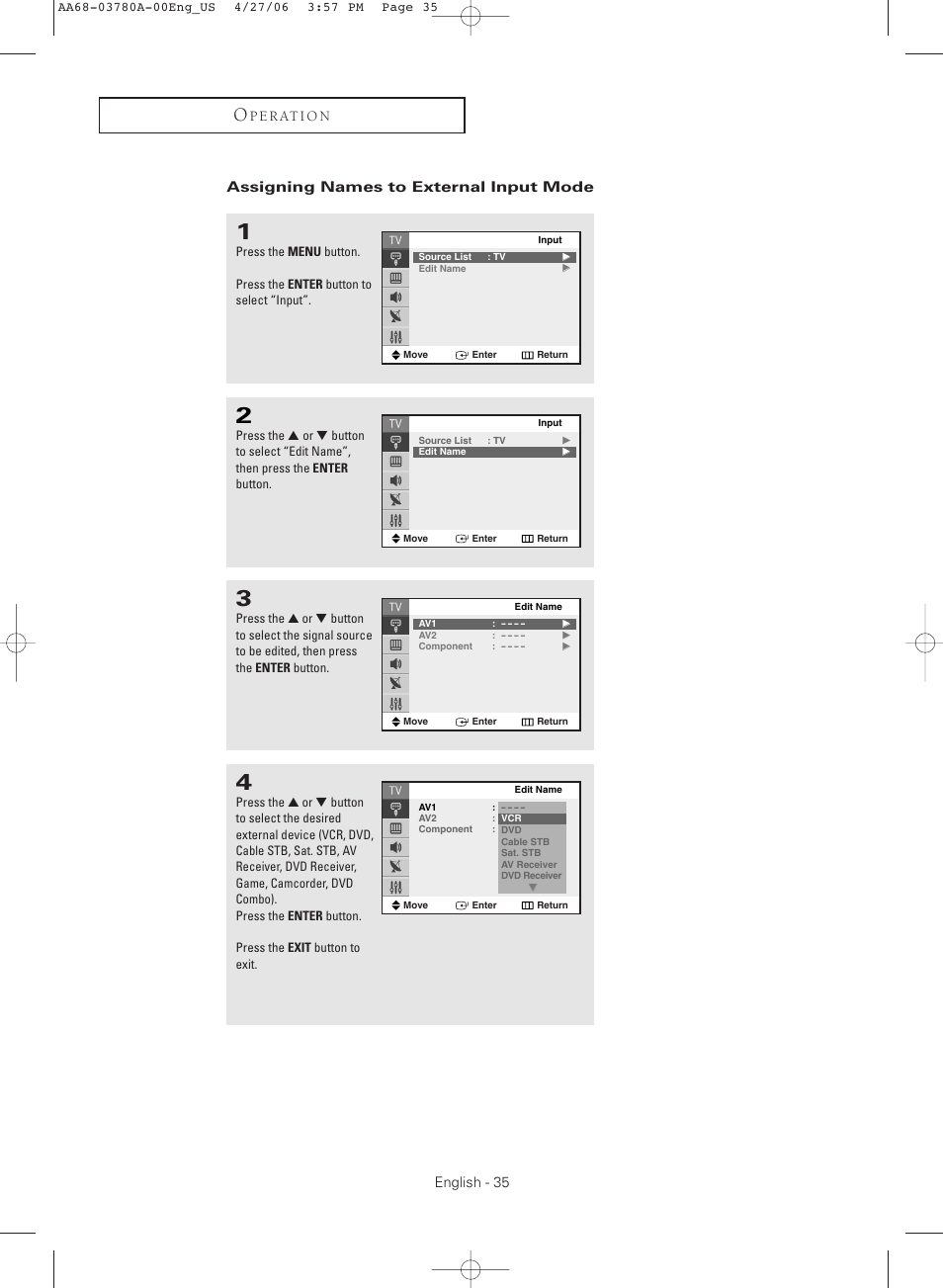 Assigning names to external input mode | Samsung TXS2040X-XAC User Manual | Page 35 / 60