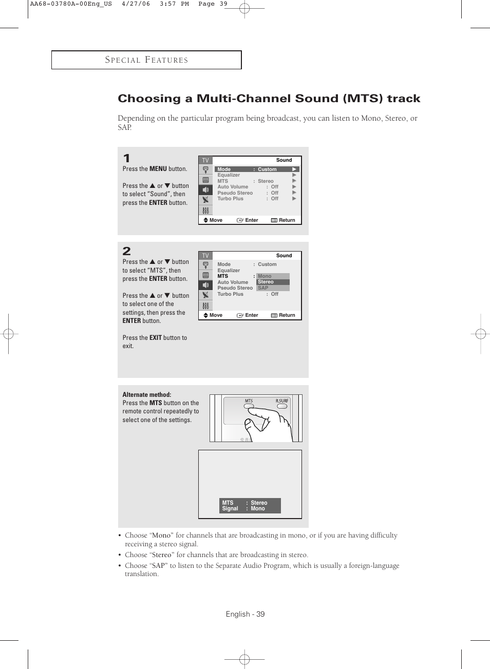 Choosing a multi-channel sound (mts) track | Samsung TXS2040X-XAC User Manual | Page 39 / 60