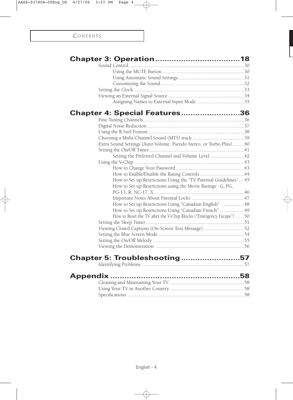 Chapter 3: operation, Chapter 4: special features, Chapter 5: troubleshooting | Appendix | Samsung TXS2040X-XAC User Manual | Page 4 / 60