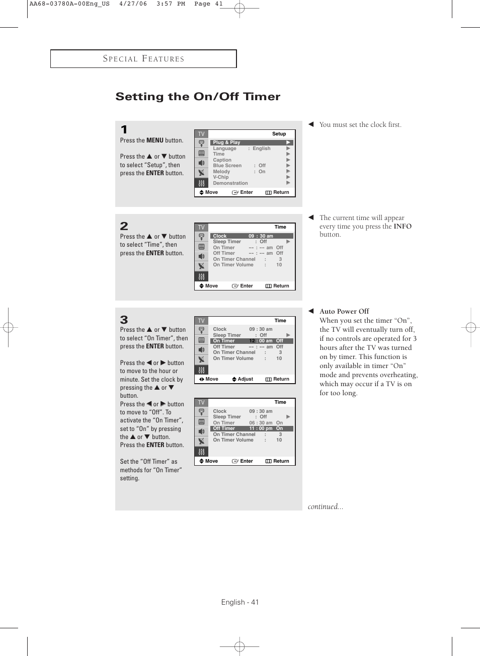 Setting the on/off timer, Continued | Samsung TXS2040X-XAC User Manual | Page 41 / 60