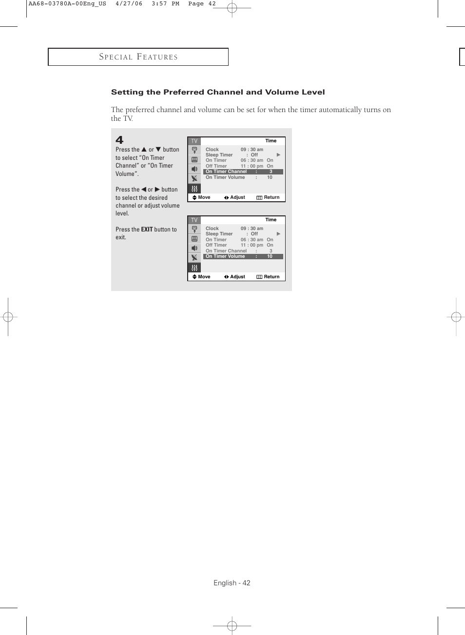 Setting the preferred channel and volume level | Samsung TXS2040X-XAC User Manual | Page 42 / 60