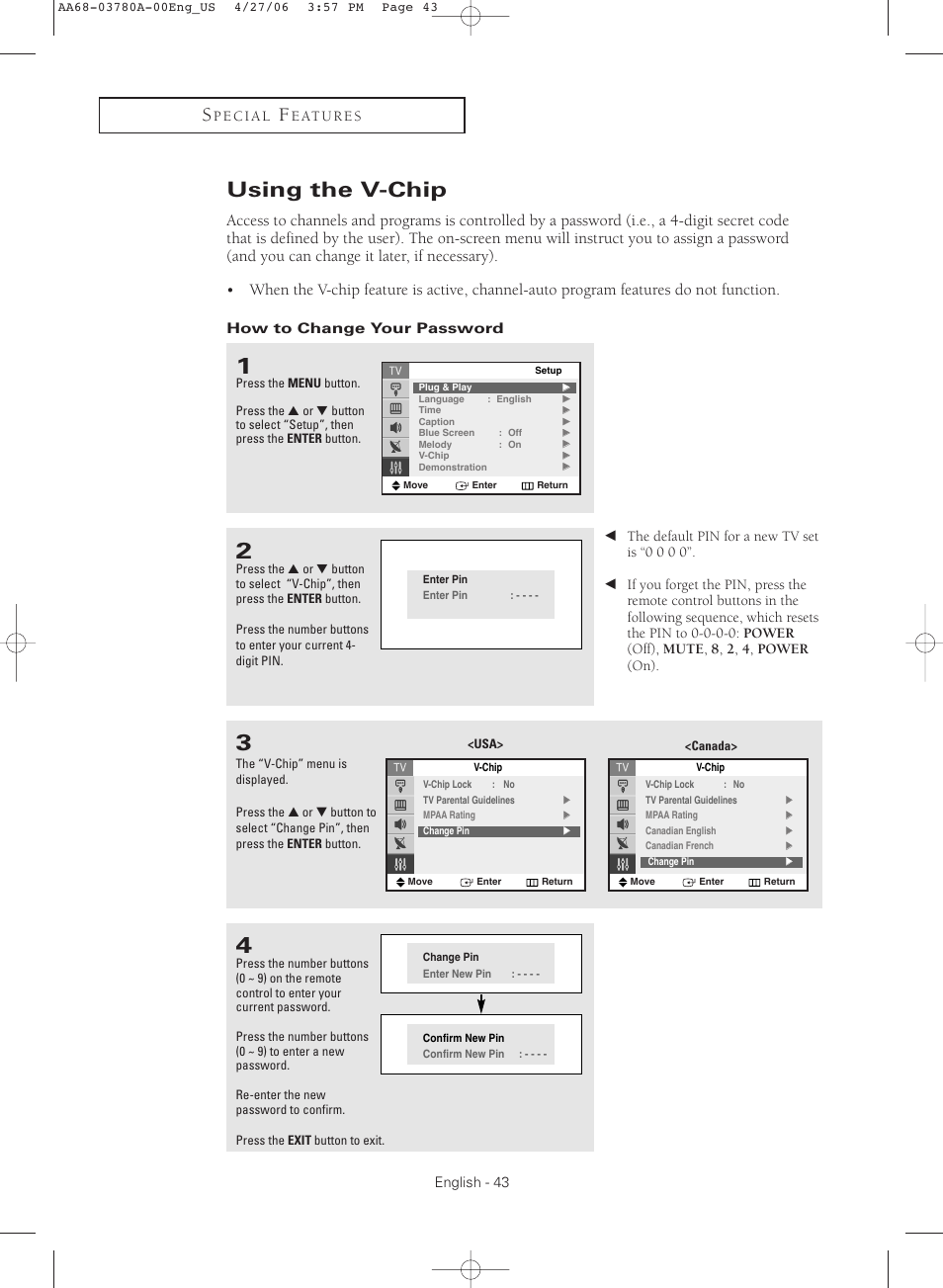 Using the v-chip, How to change your password | Samsung TXS2040X-XAC User Manual | Page 43 / 60