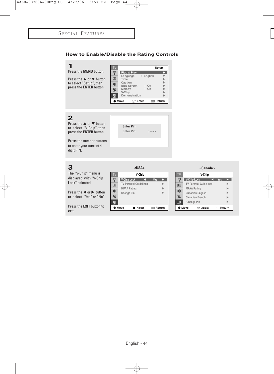 How to enable/disable the rating controls | Samsung TXS2040X-XAC User Manual | Page 44 / 60