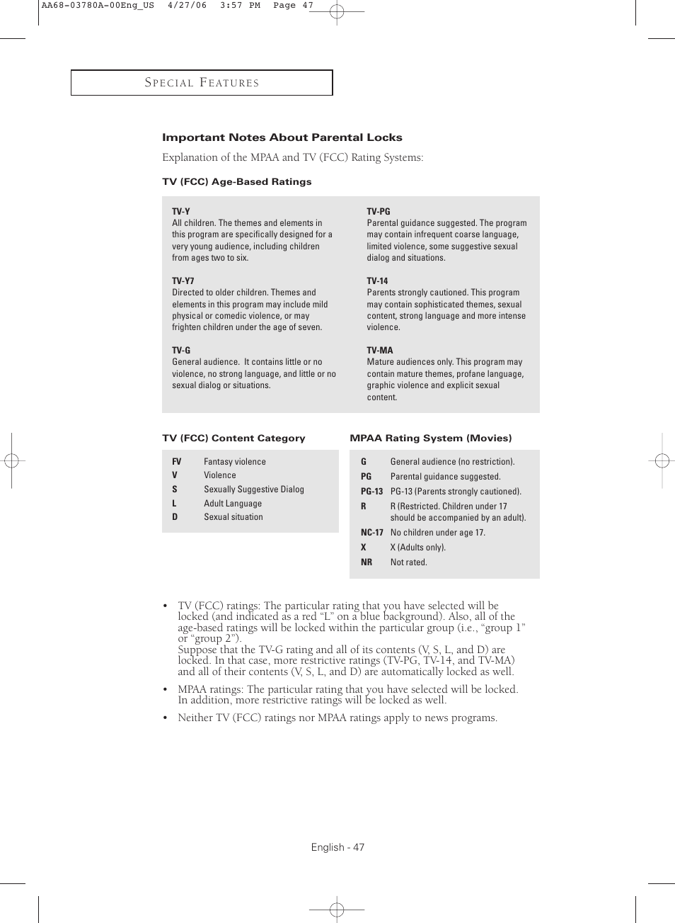 Important notes about parental locks | Samsung TXS2040X-XAC User Manual | Page 47 / 60