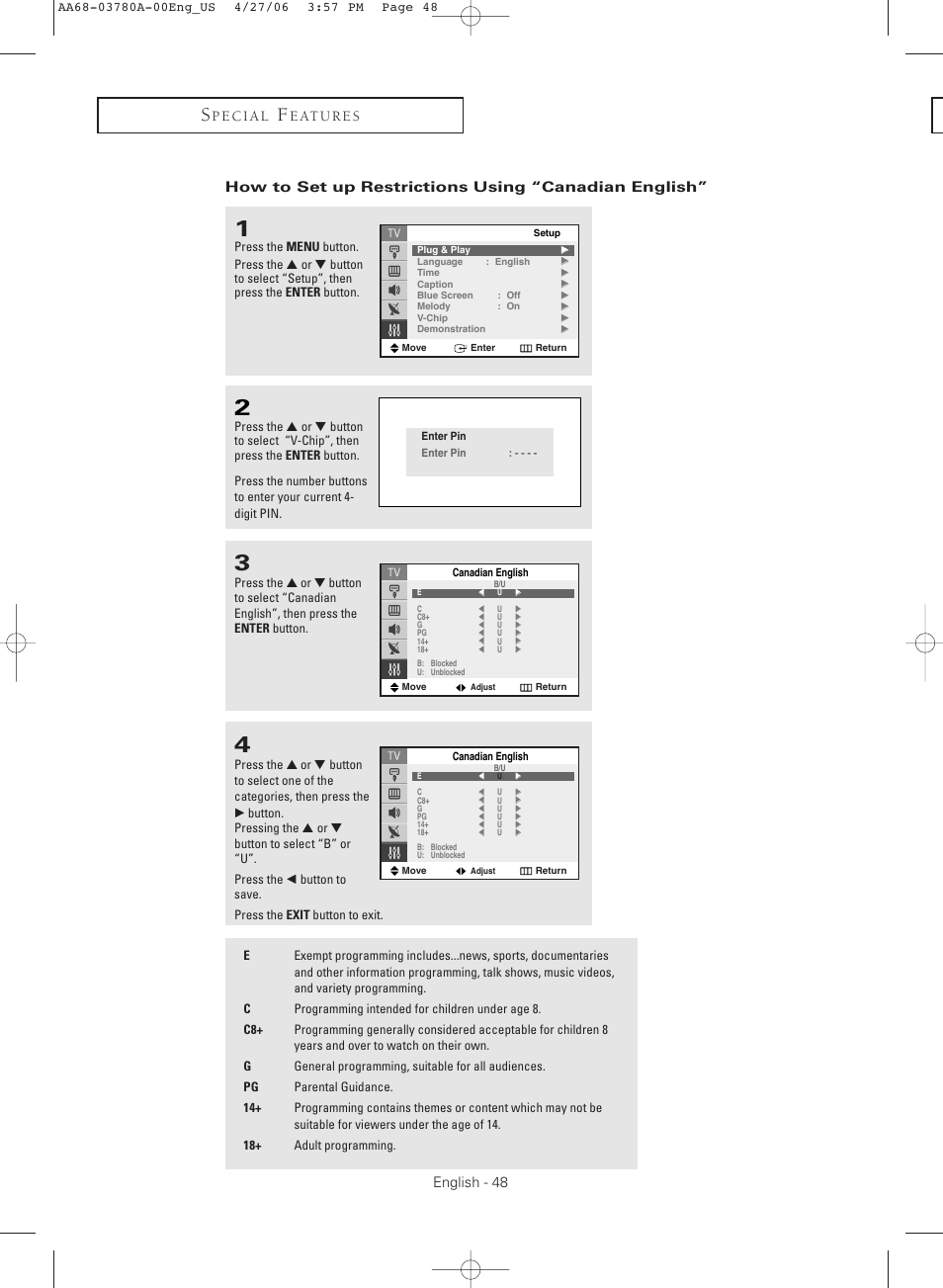 How to set up restrictions using “canadian english | Samsung TXS2040X-XAC User Manual | Page 48 / 60