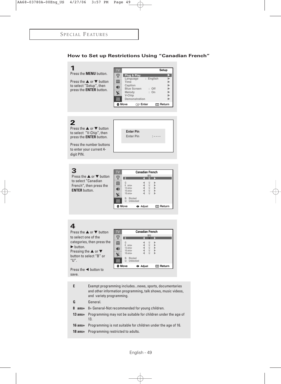 How to set up restrictions using “canadian french | Samsung TXS2040X-XAC User Manual | Page 49 / 60