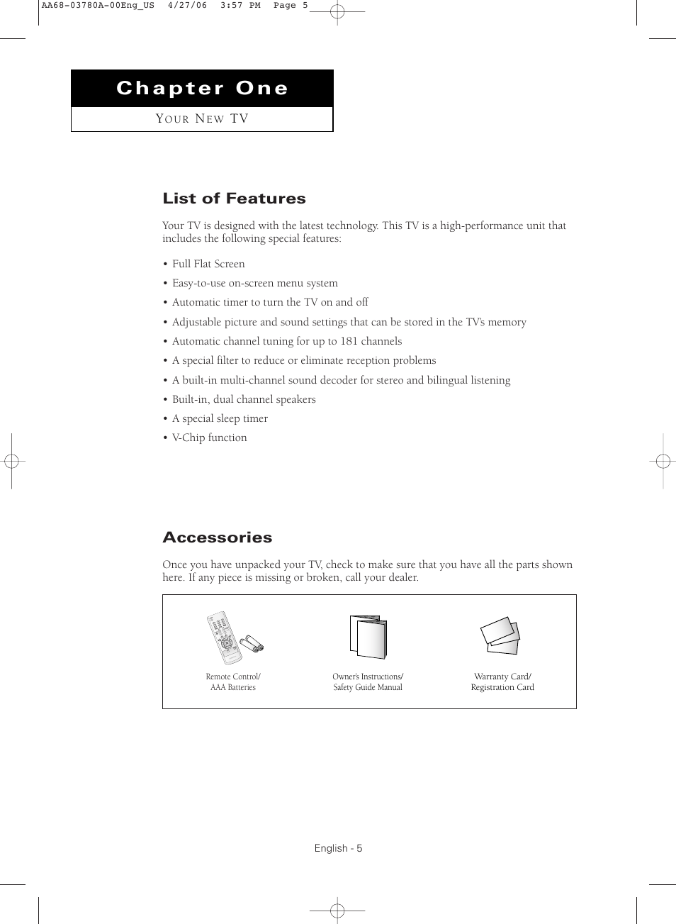 Chapter one : your new tv, List of features, Accessories | Samsung TXS2040X-XAC User Manual | Page 5 / 60