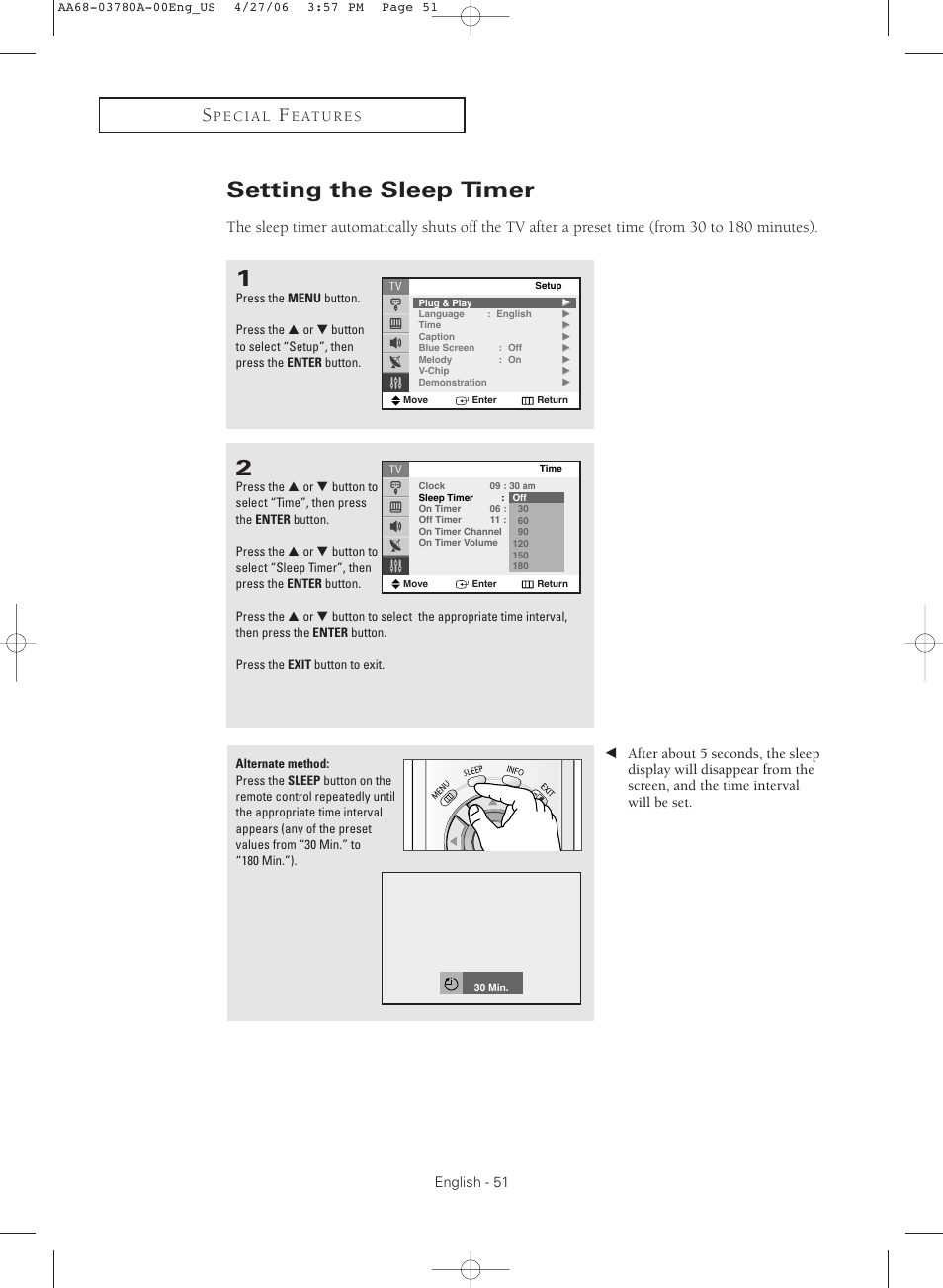 Setting the sleep timer | Samsung TXS2040X-XAC User Manual | Page 51 / 60